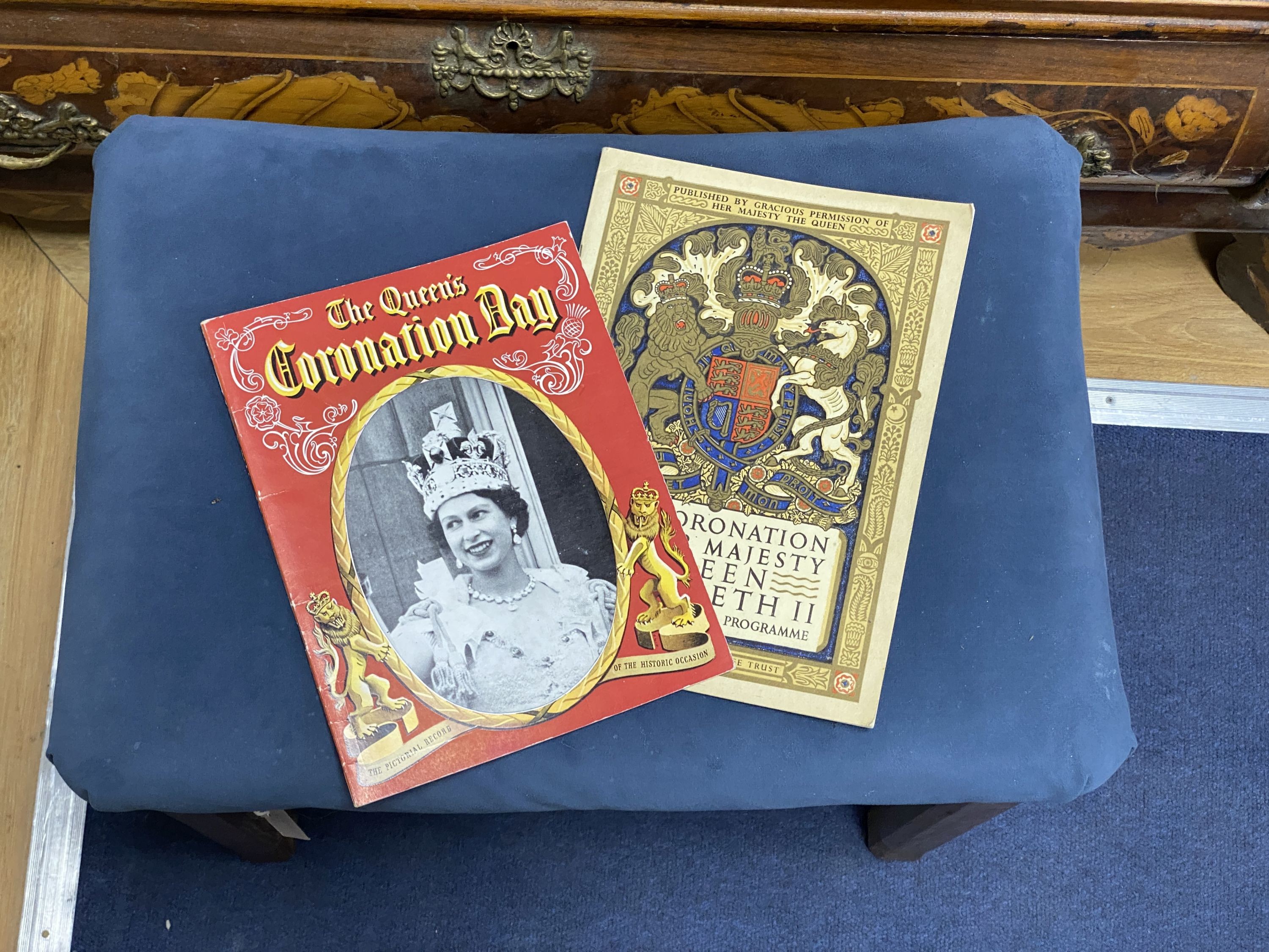 An Elizabeth II oak Coronation stool and related ephemera, width 47cm, depth 31cm, height 48cm